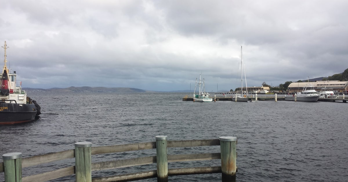 A wooden pier railing in the foreground, with a harbor of moored boats and a tugboat under a cloudy sky